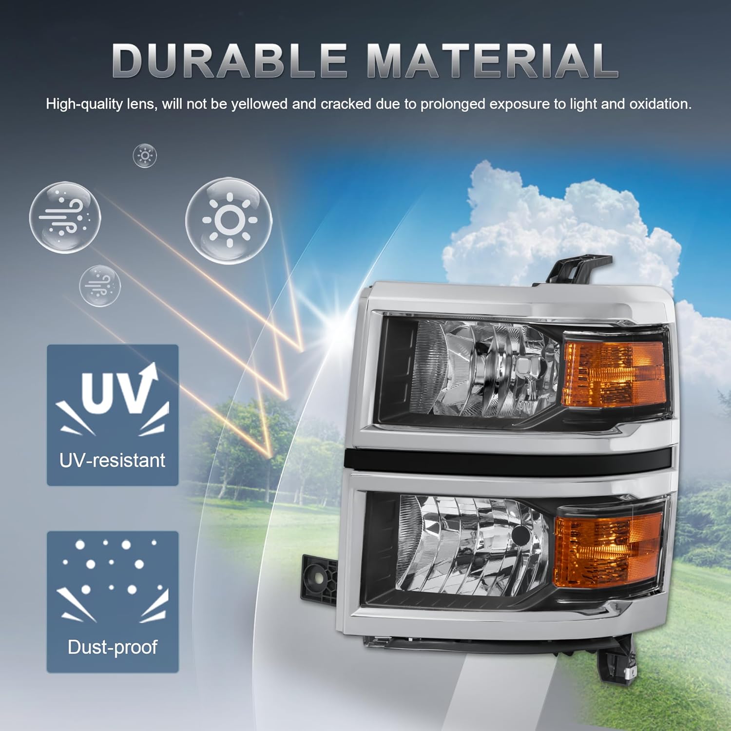 Pair Headlights Assembly Front Lamp Compatible with 2014-2015 Chevrolet Silverado 1500 Driver and Passenger Side Chrome/Clear/Amber