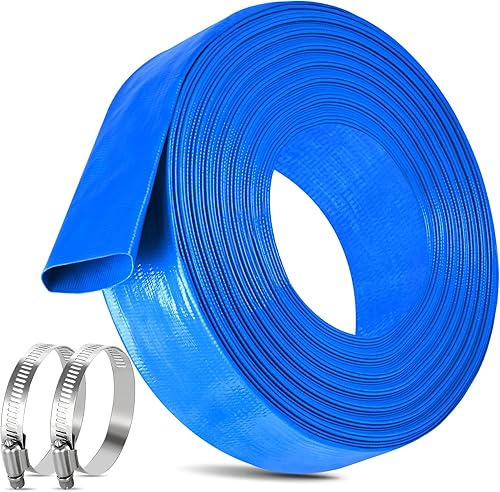 Manguera de retrolavado de piscina de 1.5 pulgadas x 60 pies, manguera plana de PVC de alta resistencia con 2 abrazaderas, resistente a la