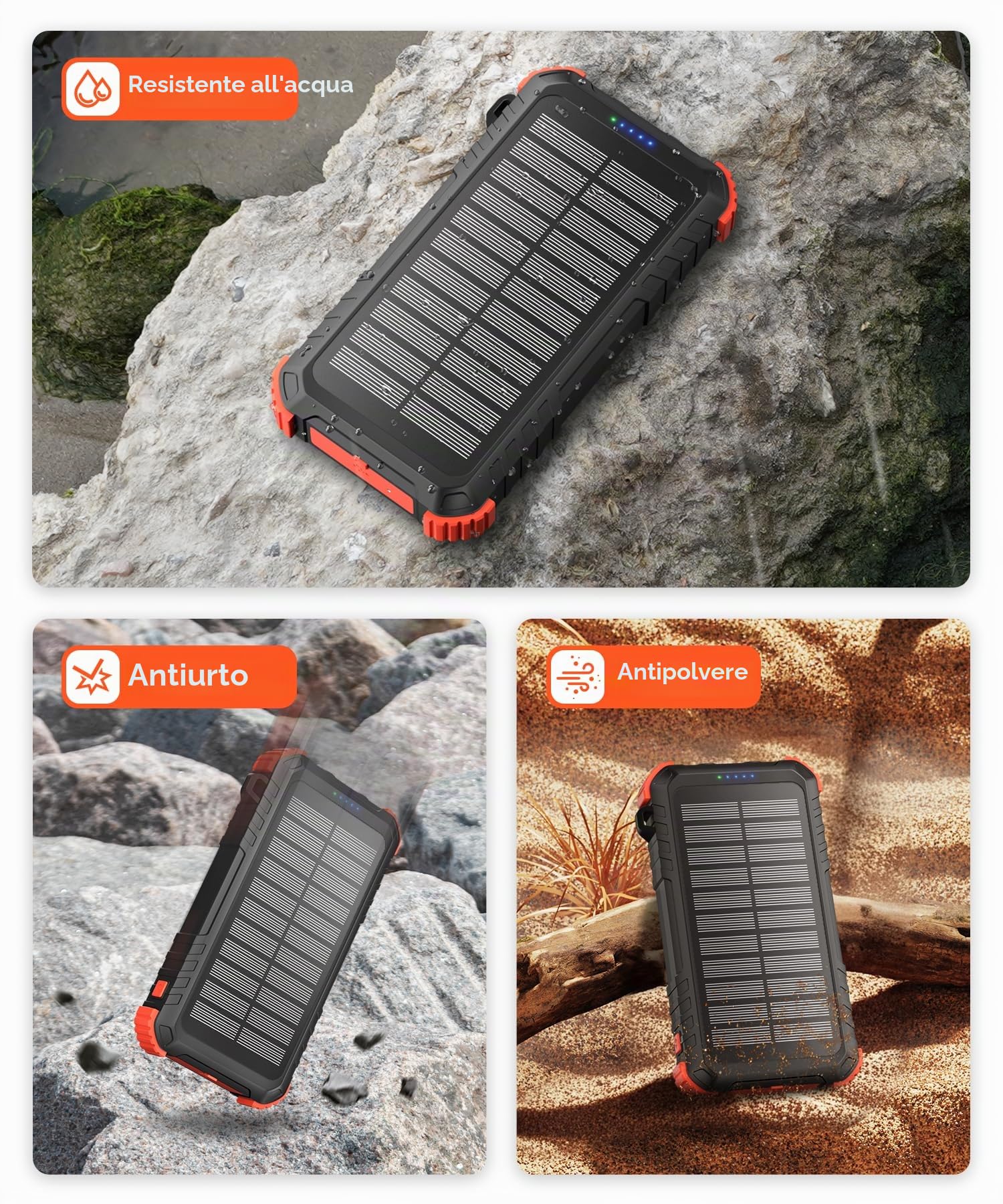 Power Bank Solare da 26800 mAh, Power Bank USB C PD15W con 3 cavi, 5 Uscite 3 Ingressi, Caricabatterie Solare Impermeabile con Due Torce e Moschettone per il Campeggio