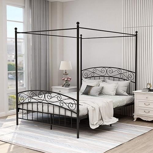 Queen Size Canopy Bed Frame Four-Poster Metal Platform Bed with Headboard and Footboard Sturdy Heavy Duty Steel Slat Support No Box Spring Needed Black