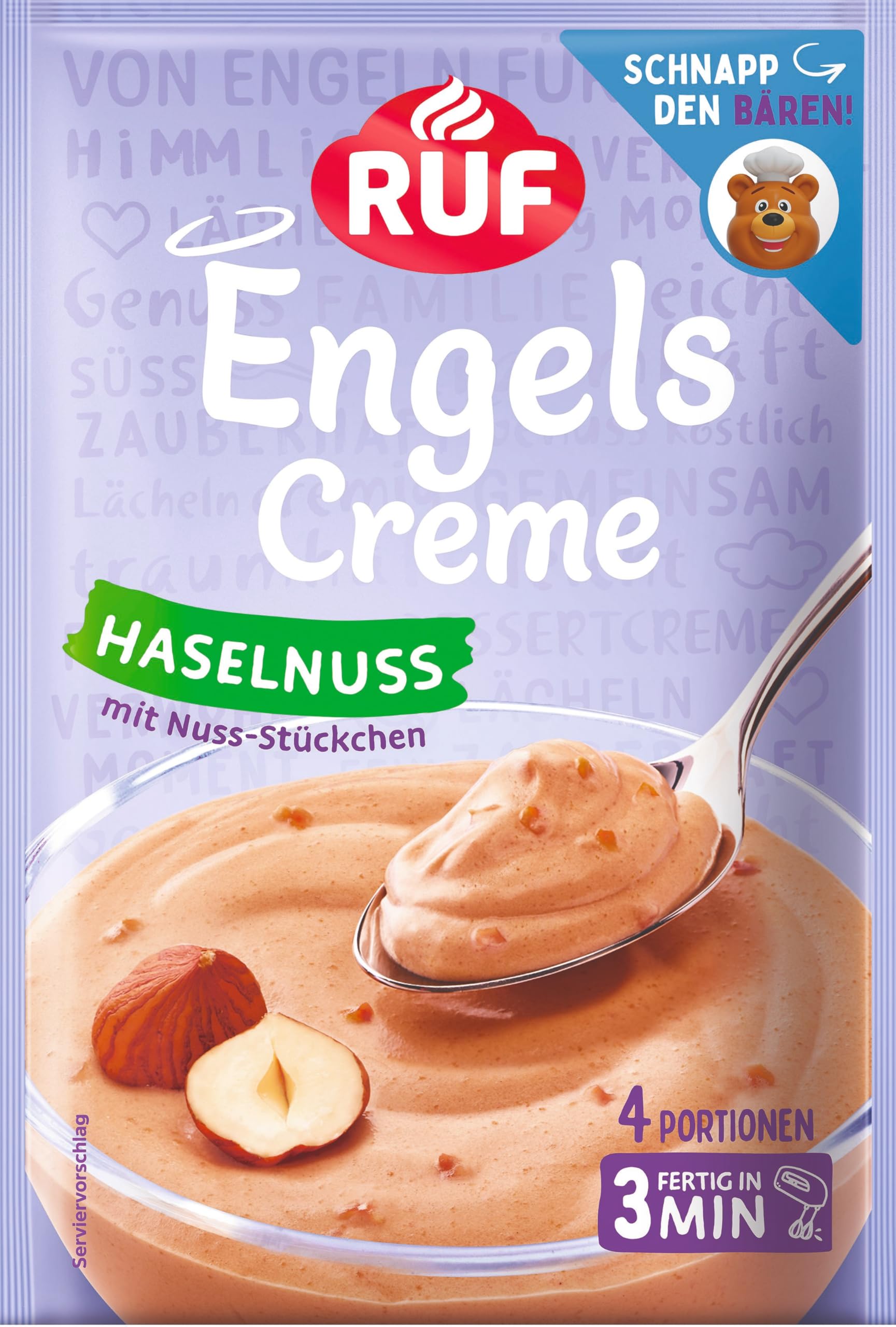 RUF Engels Creme Haselnuss, Dessertpulver für eine Dessertcreme mit Haselnuss-Geschmack und knackigen Nuss-Stückchen, 4 Portionen
