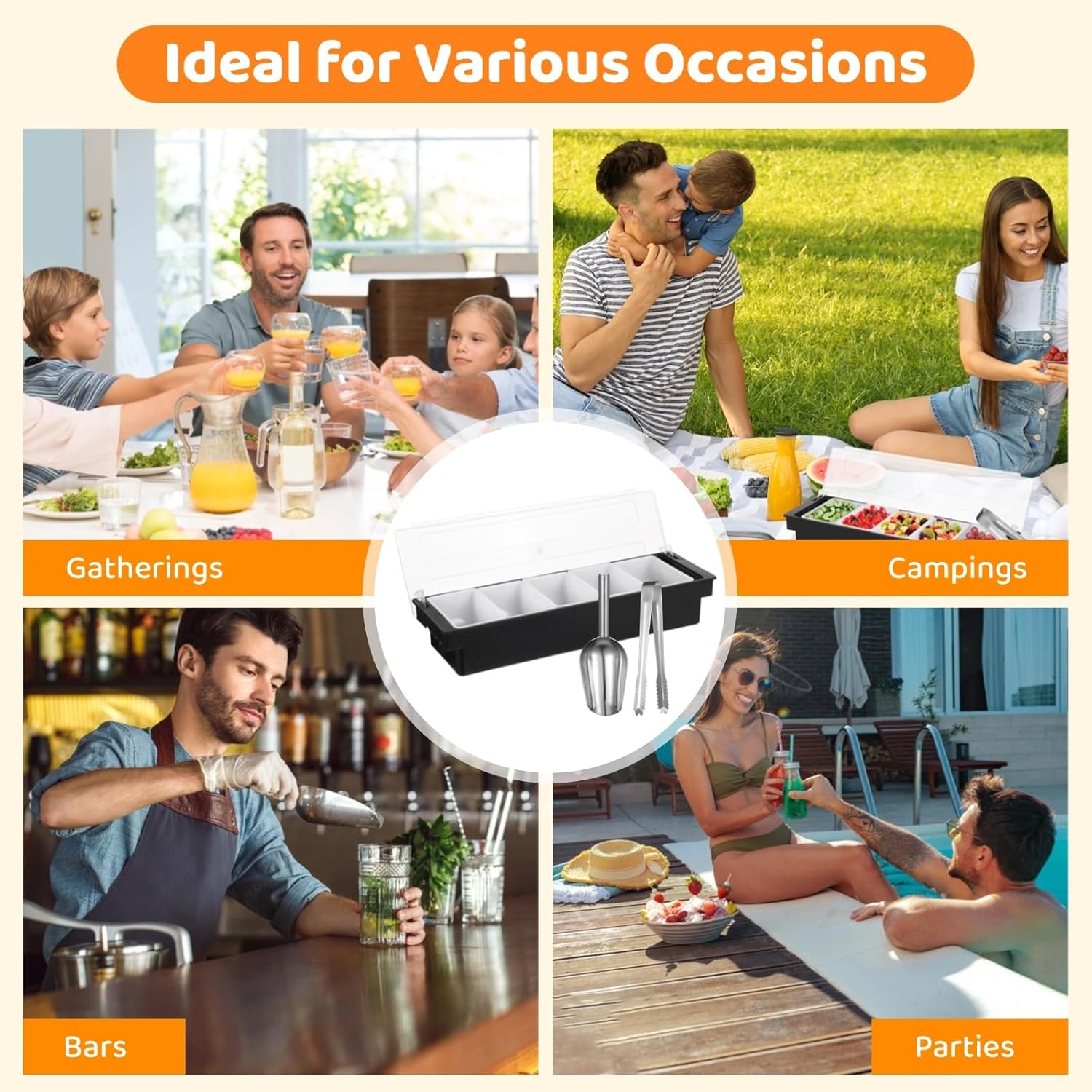 yeesport 2 Pcs 5-Compartment Condiment Dispensers, Chilled Fruit Veggie Caddies with Lids, Ice Cooled Food Serving Containers, Includes Tongs and Scoops, Bar Garnish Trays for Snacks and Sauce