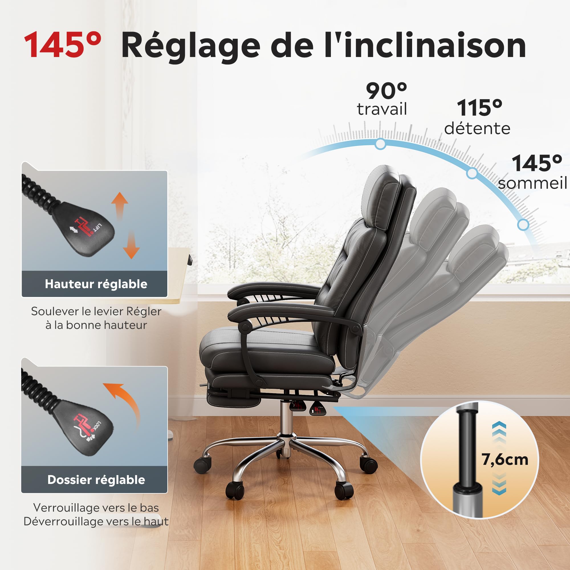 DEVAISE Silla de Oficina Ejecutiva, Silla ergonomica Escritorio Inclinable de 90° a 145°, Altura Ajustable con Reposacabezas, Soporte Resistente hasta 180 kg, Negro