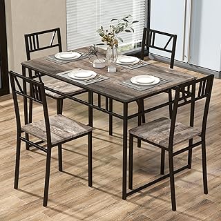 TANGZON Dining Table and 4 Chairs, 5 Pieces Wooden Kitchen Table and Chairs Set 4 with Backrest, Metal Frame Space Saving Dining Set Furniture for Home Living Dining Room Bistro, Grey