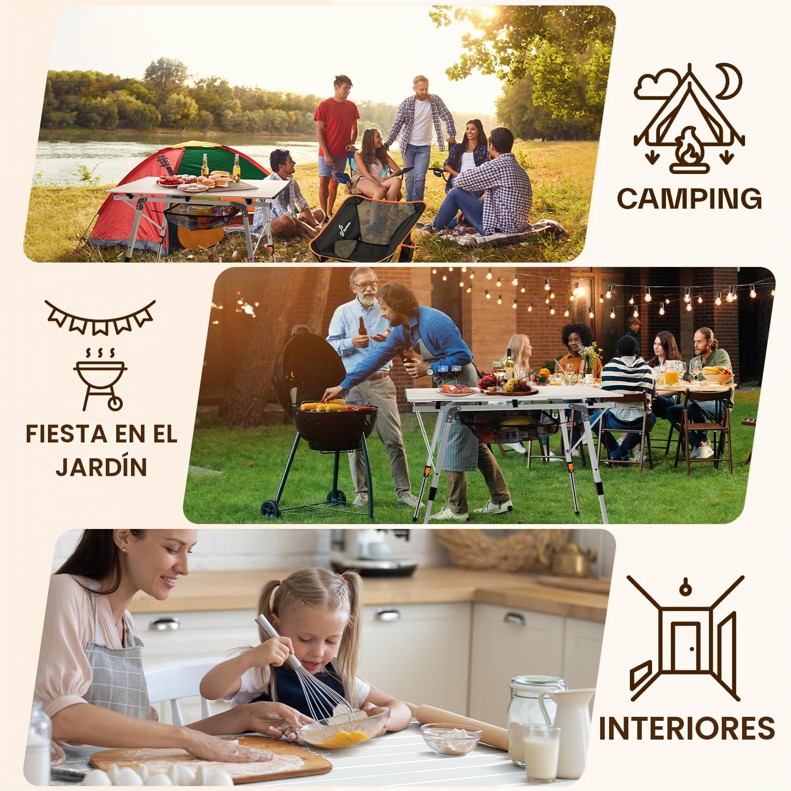 Sportneer Mesa plegable de camping al aire libre, mesa de picnic portátil con altura ajustable, capa de malla, mesa plegable de camping con mesa enrollable de aluminio para campamento, cocina, jardín