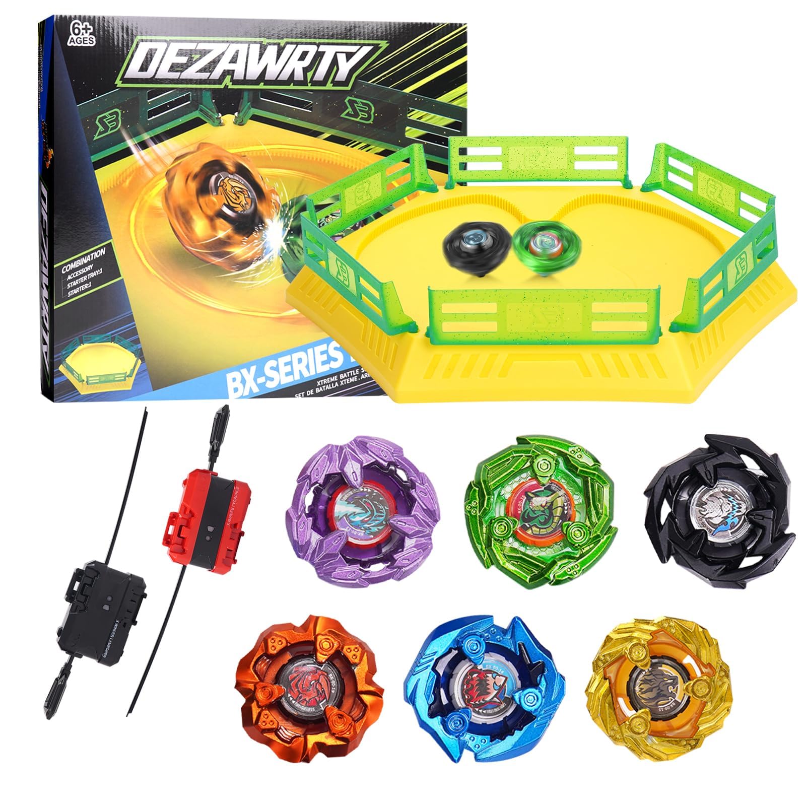 DEZAWRTY Kreisel X Arena Battle Set Ausgestattet mit X Acceleration Rail - 6 Kampfkreisel, 2 Launchers und Stadium, Battle Kampfarena für Kinder ab 6 Jahren, Kampfspielzeug für Jungen