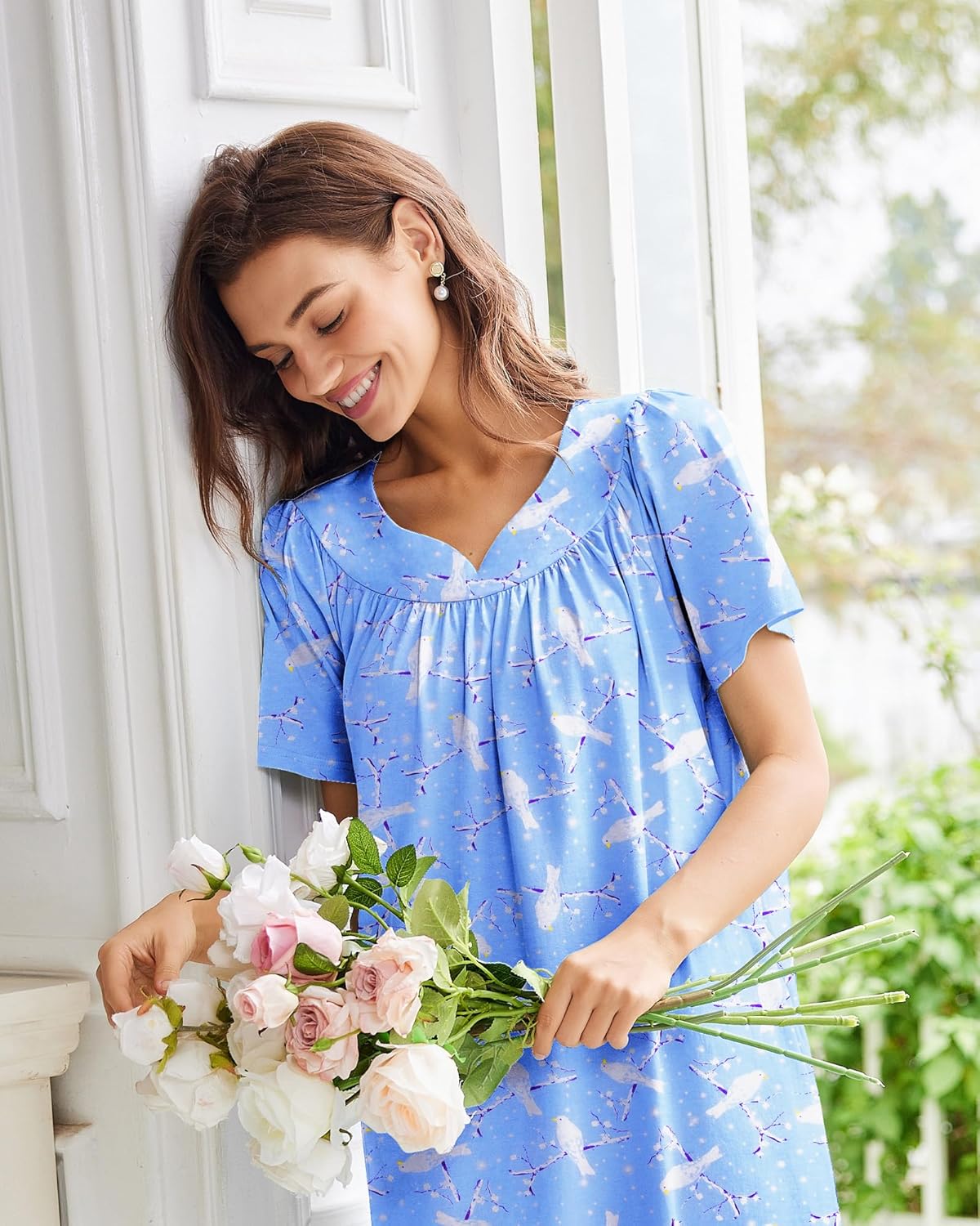 Ekouaer Nightgowns for Women Cotton Nightgown House Dress with Pockets Short Sleeve Mumu Dress Embroidered Lounge Dress - Image 2