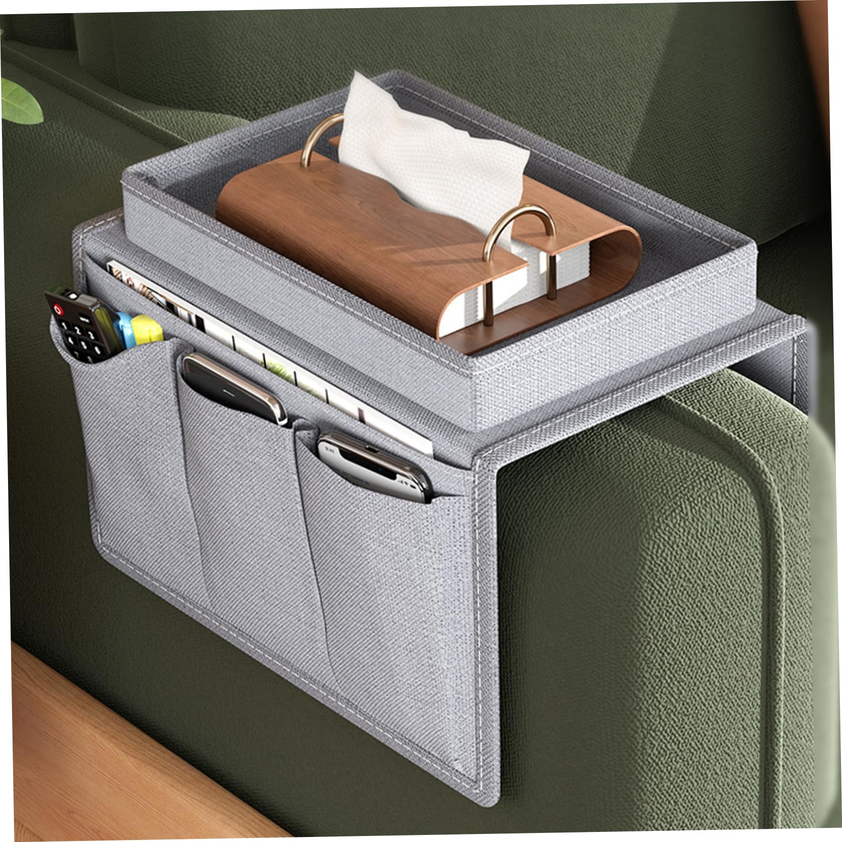 StaZamor Sofa Arm Tray Waterproof Armchair Tray Cup Holder with 4 Bags for TV Remote Phone Magazine Book Snacks Glasses Couch Armrest Organiser
