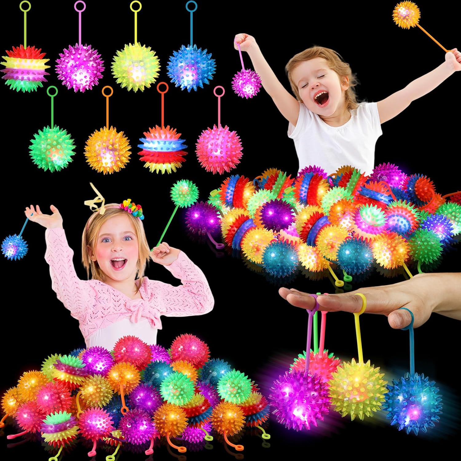 Gejoy 50 Pieces Light Up Ball for Fidget Spiky Ball Stress Relief Balls LED Flashing Basketball with Rope Rubber Flash Squeaky Balls for Adults, Teens and