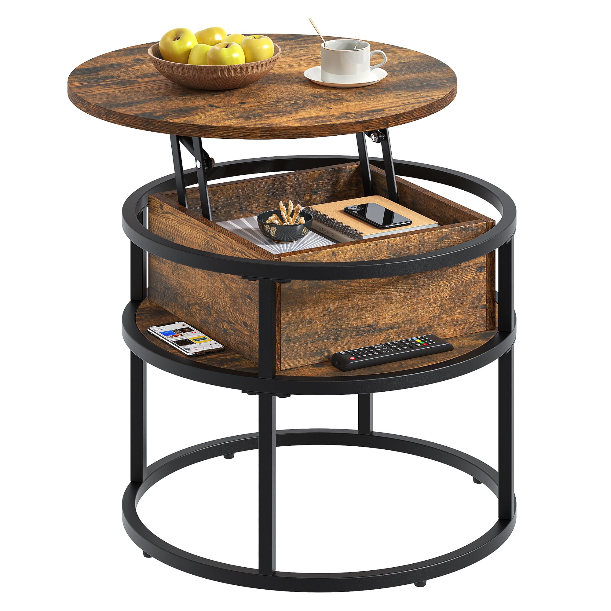 YITAHOME Couchtisch Rund mit Hebeplatte, Wohnzimmertisch Höhenverstellbar mit Stauraum 60x60x47cm, Couch Tisch Wohnzimmer für Home Office