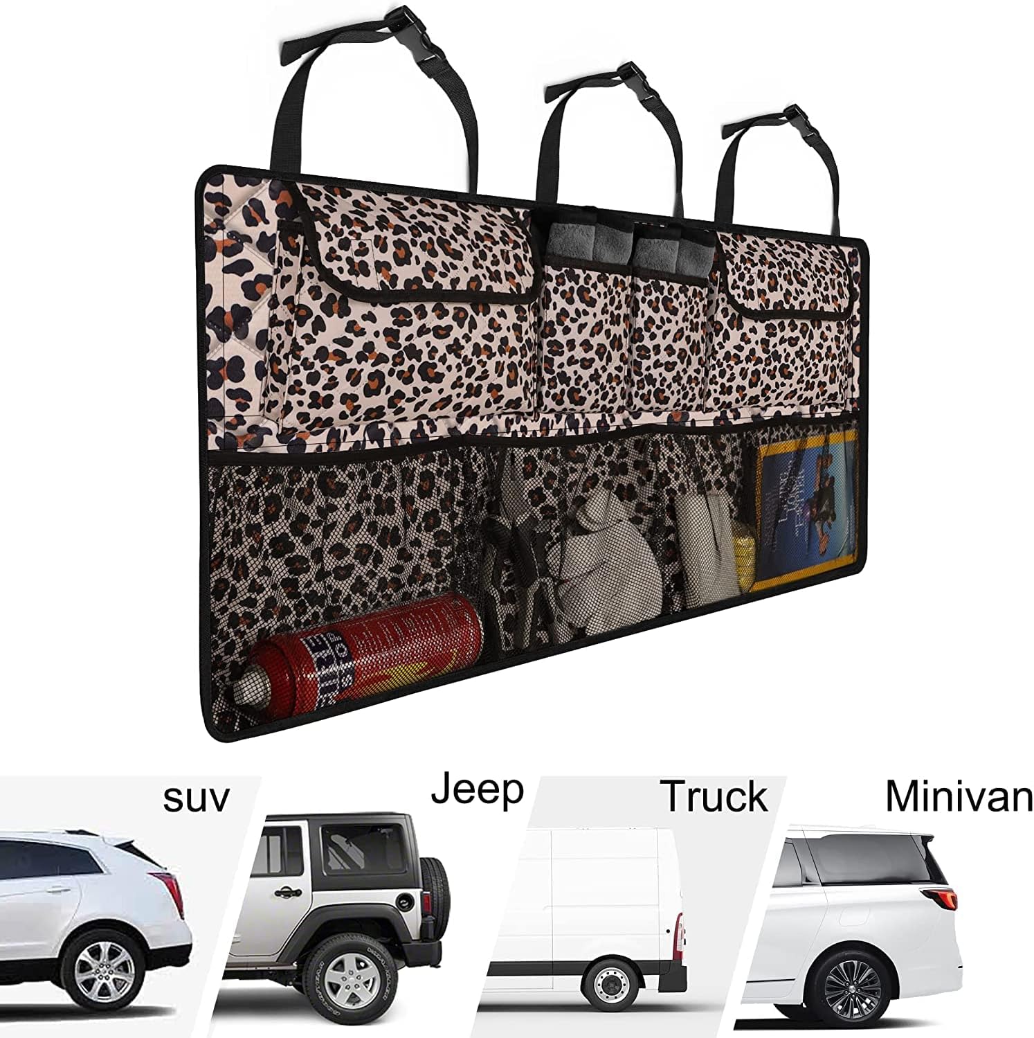 Femuar Car Trunk Organizer,Large Capacity Backseat Trunk Organizer(42"*18"),Collapsible Car Storage Bag with 8 Pocekt,Car Organizer for SUV/MPV/Truck - Leopard print