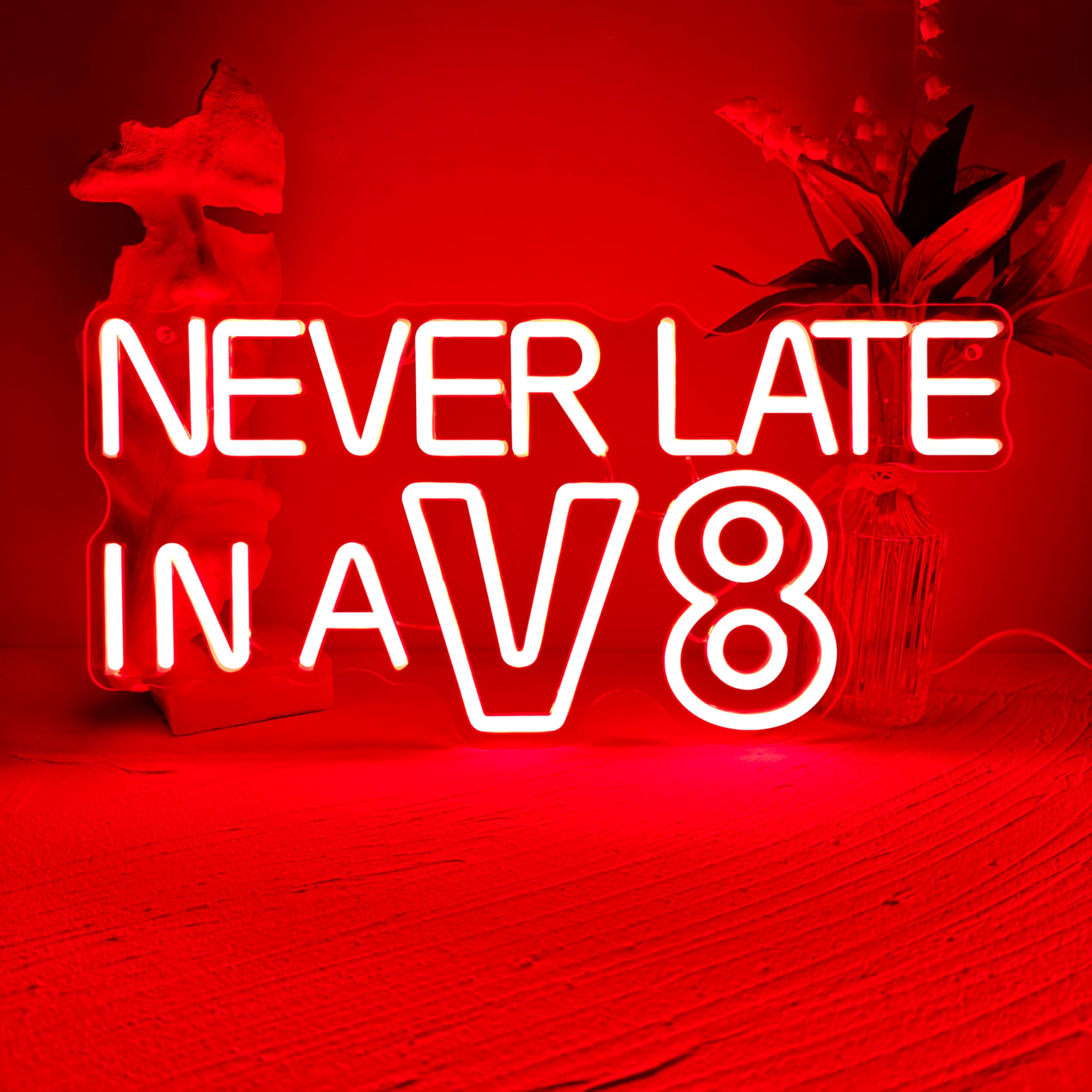 Letrero de neón Never Late in a V8, luz de neón para decoración de garaje, letrero de neón LED de cueva de hombre, luz de pared de garaje mecánico, letrero de neón regulable alimentado por USB para