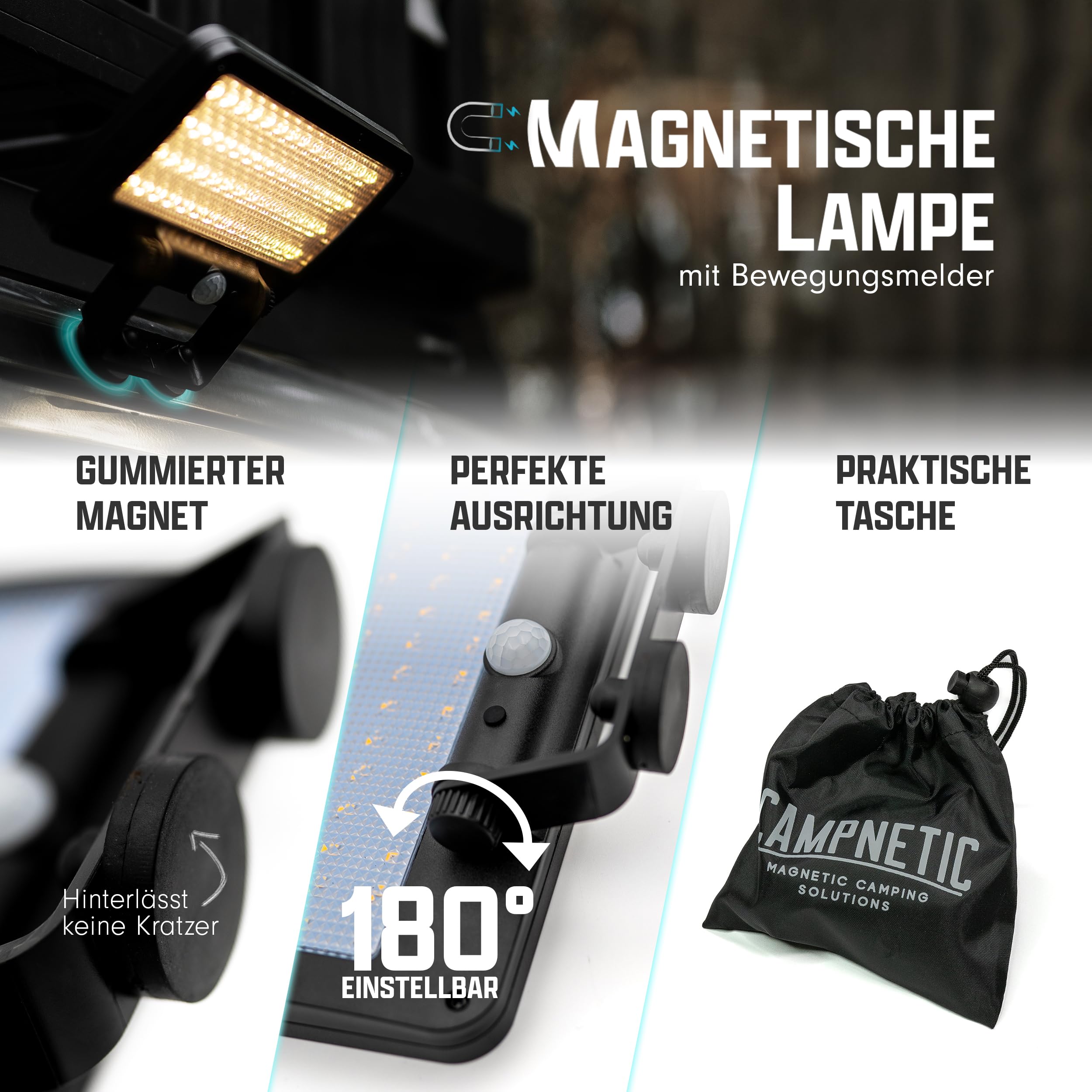Campnetic LED Solar Lampe mit Magnethalterung und Bewegungsmelder 2er Set | Magnetisch, ohne bohren, Bewegungsmelder, kabellose Camping Beleuchtung, wetterfest, Aufbewahrungsbeutel
