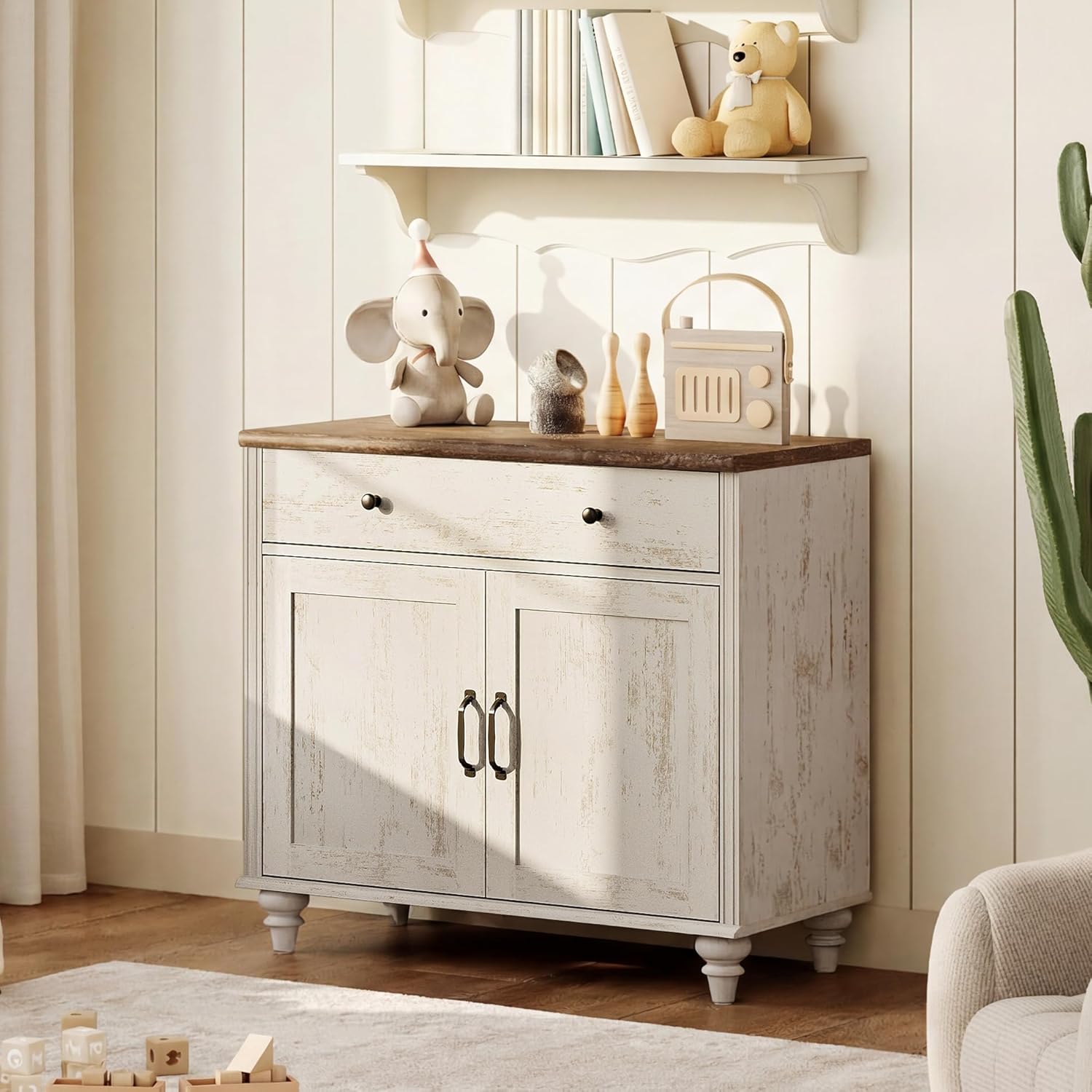 WAMPAT Buffet Cabinet with Doors & Drawer, Large Coffee Bar Table Wood Kitchen Storage Cabinets with Storage Cabinets, Modern Farmhouse Sideboard Credenza for Dining Room, Rsutic White, 34 inch