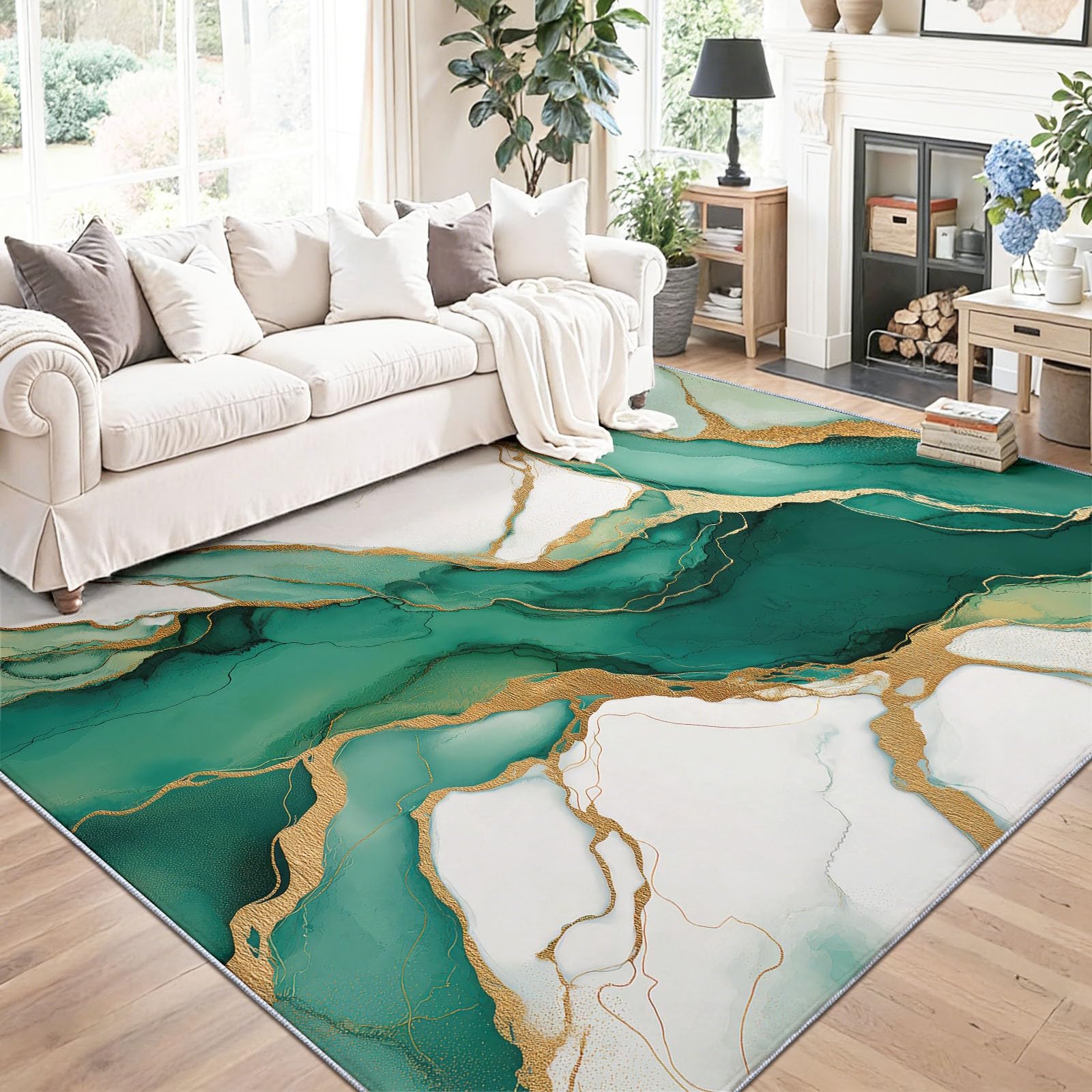 Dywan do salonu, można prać w pralce, dywan 160 x 230 cm, dywan antypoślizgowy, marmur Gold River, niskie runo, nie gubi włosia, nadruk, do jadalni, domu, biura, sypialni