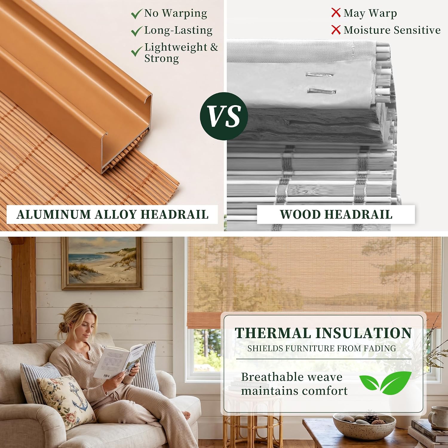 HESTIA No Drill Cordless Bamboo Roman Shades with Matching Valance, Light Filtering Natural Woven Roll Up Blinds for Living Room, Dining Room, and Sunroom, 34.5" W X 64" H