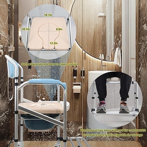 Miniatura 4 de Silla de ducha con ruedas y cómoda, silla de ducha plegable con 5 opciones de altura y reposapiés más ancho, 21.3 pulgadas de ancho para pasillos
