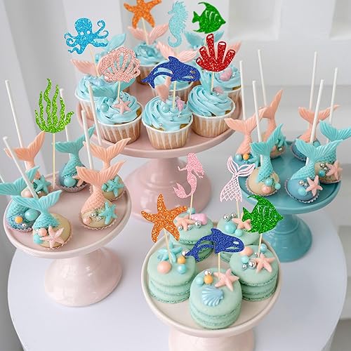 Miniatura 5 de Gyufise 30 adornos para cupcakes de sirena y estrella de mar, coral con purpurina, pulpo, caballito de mar, medusas para fiestas temáticas bajo el