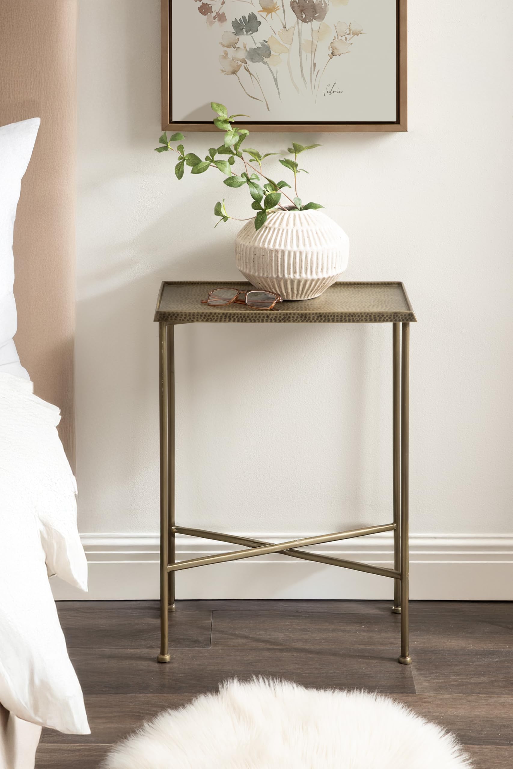 Kate and Laurel Sanzo Transitional Metal Skinny Side Table, 17 x 9 x 24, Antique Brass, Rectangular Slim Bedroom Nightstand with Hammered Tabletop for Use as Bedside Accent or Living Room End Table