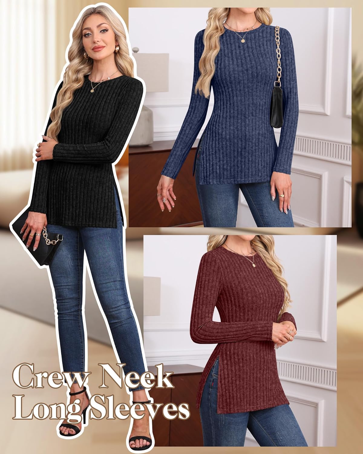 3 Pack Women's Long Sleeve Shirts with Side Split Crew Neck Lightweight Tunic Sweaters Ribbed Casual Fall Tops - Image 5