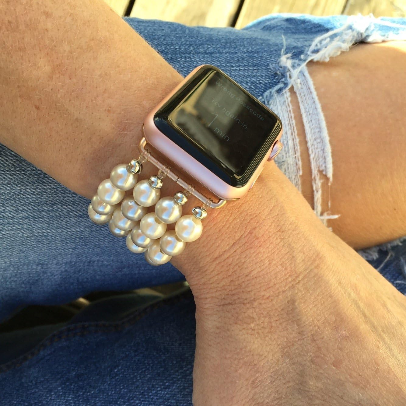 The Original BandyLand™ Beaded Apple Watch Stretch Band - 38mm or 42mm Glass Pearl Beaded Apple Watch Band. Customized to Fit. Select silver or gold accent beads. Made in and shipped from the USA.