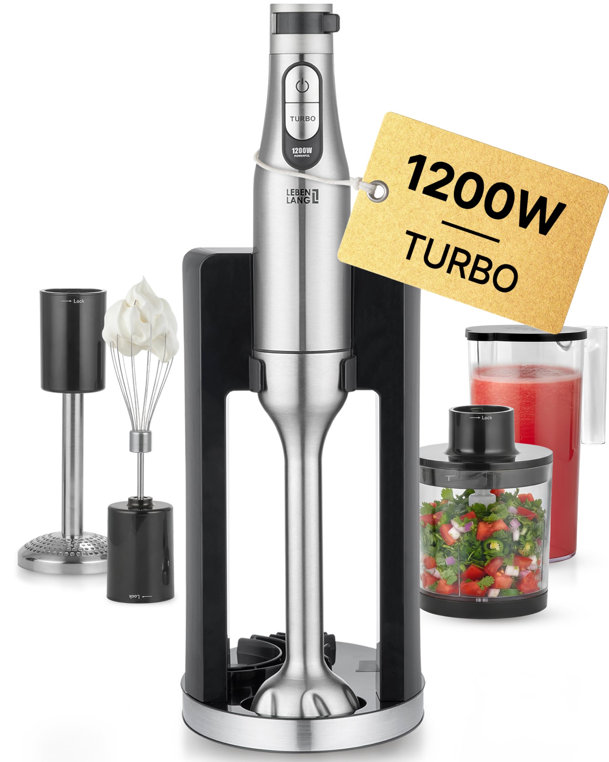 LEBENLANG Premium 1200W Stabmixer Set - Inkl. 5x Zubehör & Spritzschutz I Stufenlos verstellbar & Turbo I Elektrische Hand Blender Pürierstab Edelstahl Zauberstab Mixer Mixstab Purierstabmixer Stab