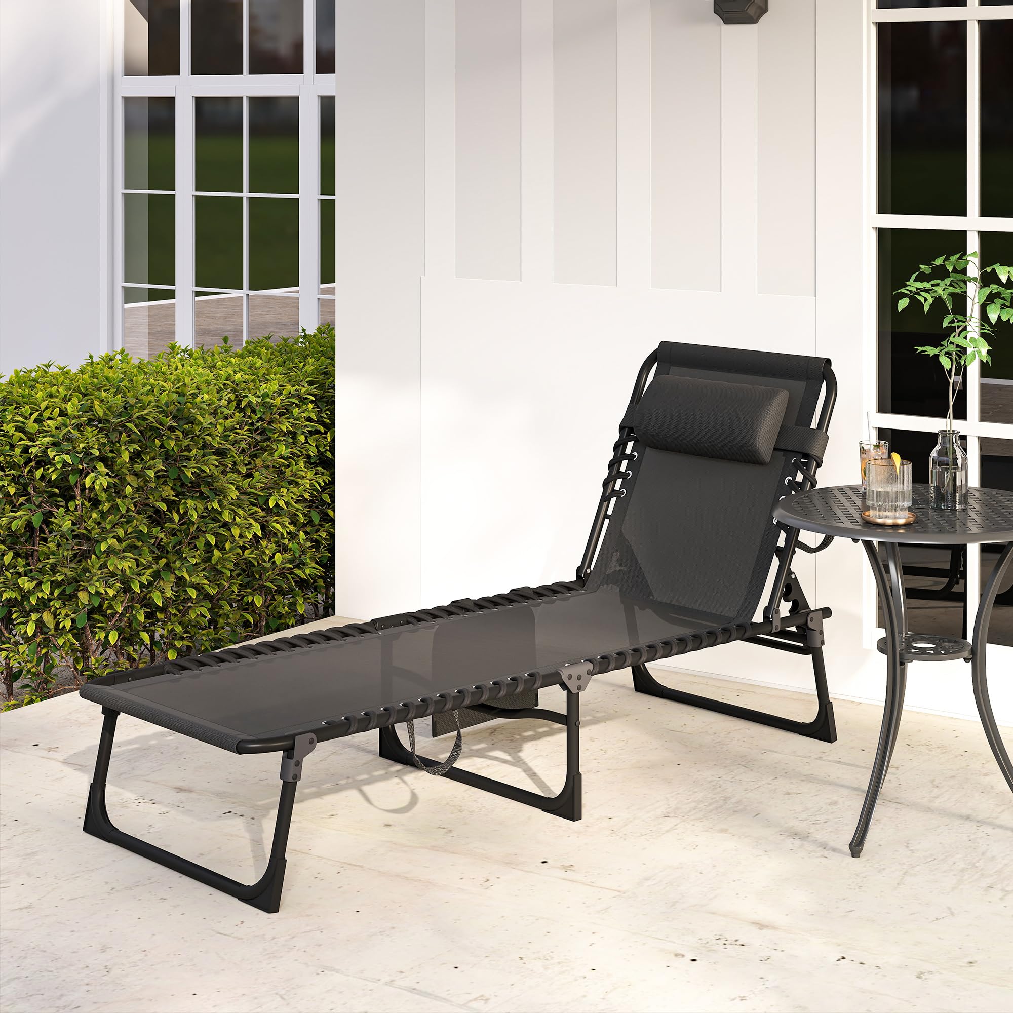 Outsunny Chaise Longue Pliable Bain de Soleil transat de Relaxation Dossier inclinable 5 Niveaux têtière Amovible Pochette latérale intégrée revêtement textilène Acier dim. 189x58x30cm Noir