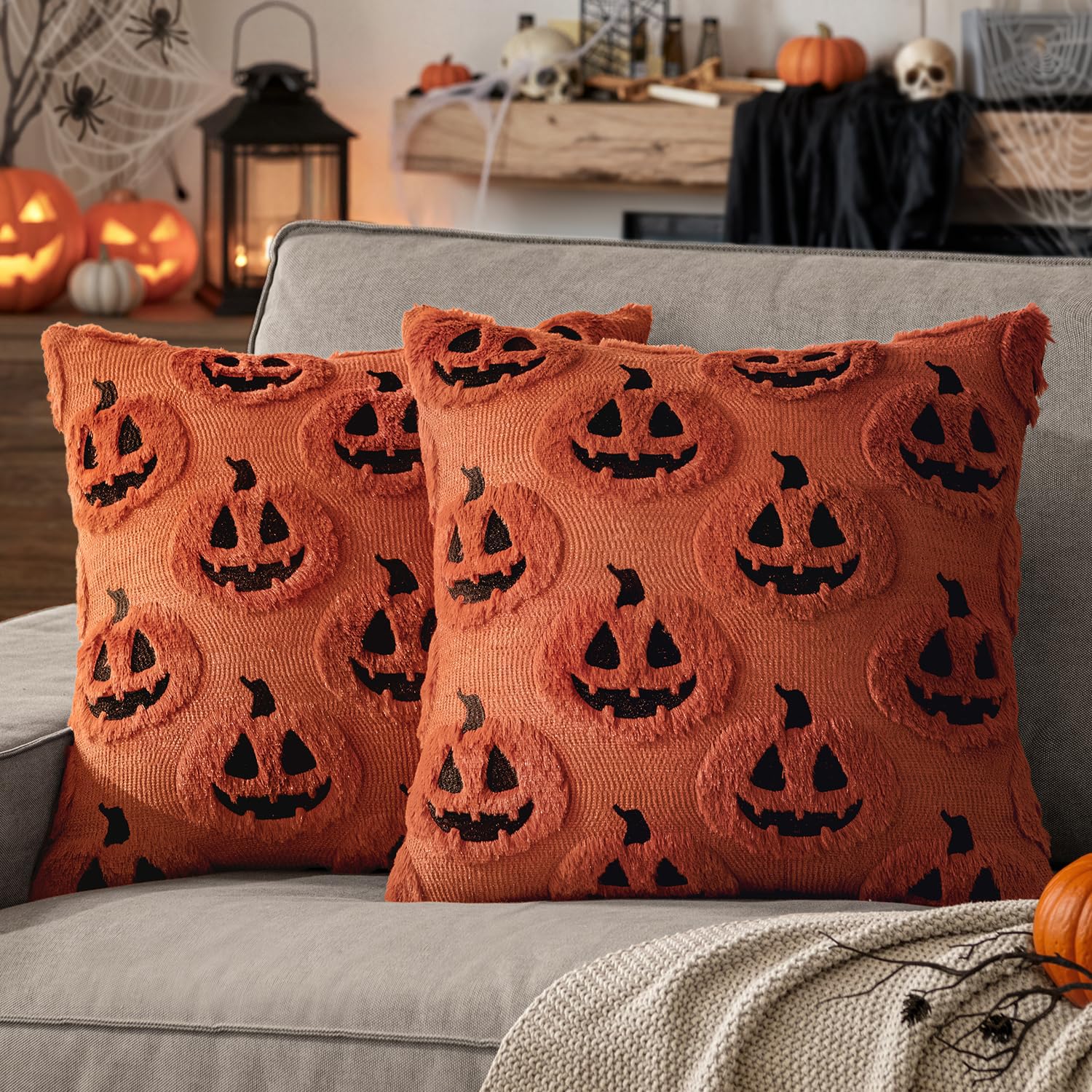 MIULEE Halloween Kissenbezug 40x40 2er D.Karamell mit Geist Kürbis Deko | Geist Kürbismonster Laternen Motiven Zierkissenbezug für Halloween Deko Kissenbezüge für Sofa Thanksgiving Couchkissen