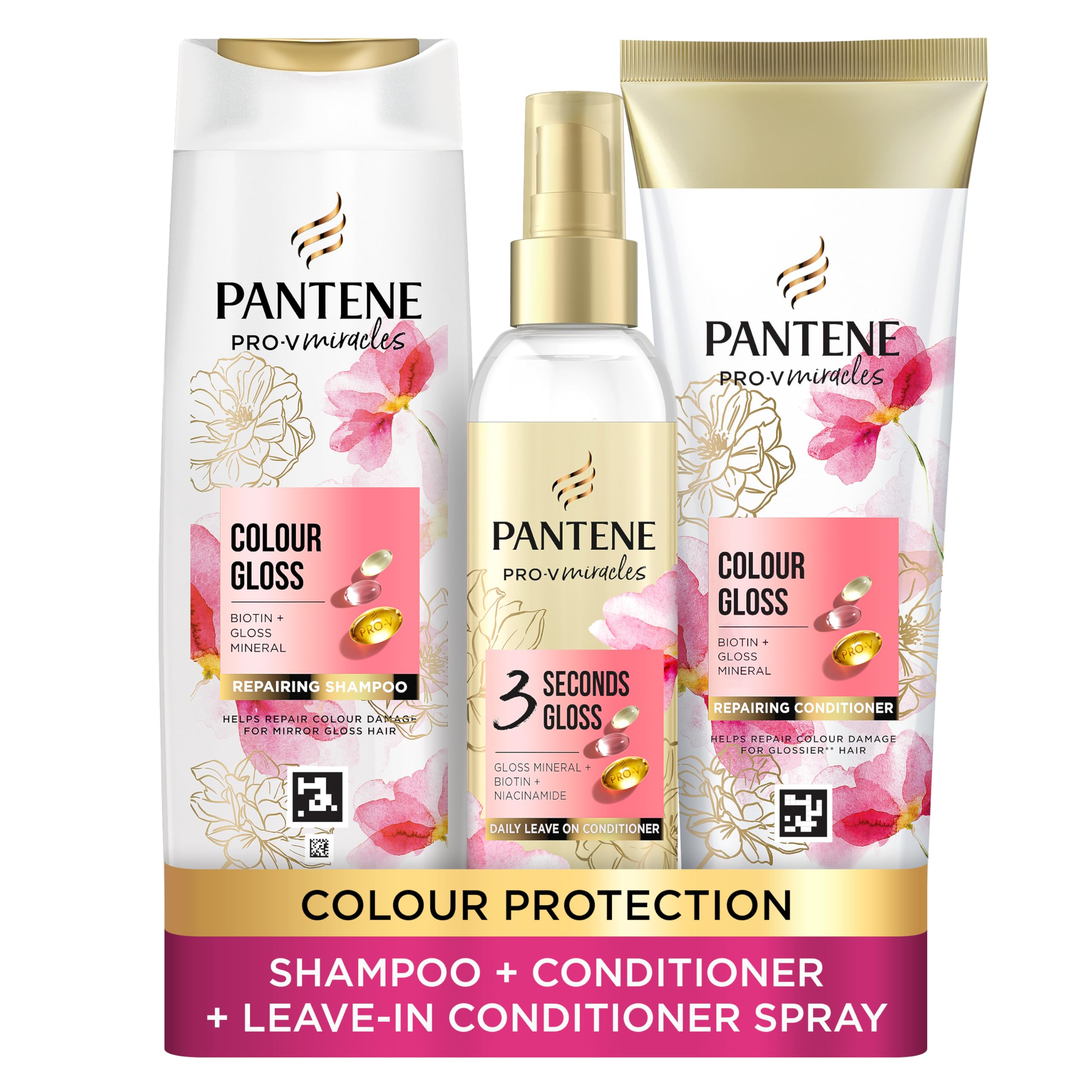 Pantene Colour Shampoo and Conditioner Set + Leave-In Conditioner Spray with Biotin and Niacinamide, Transform Damaged Coloured Hair from Dull to Glossy in 1 Use, 400/275/145ml