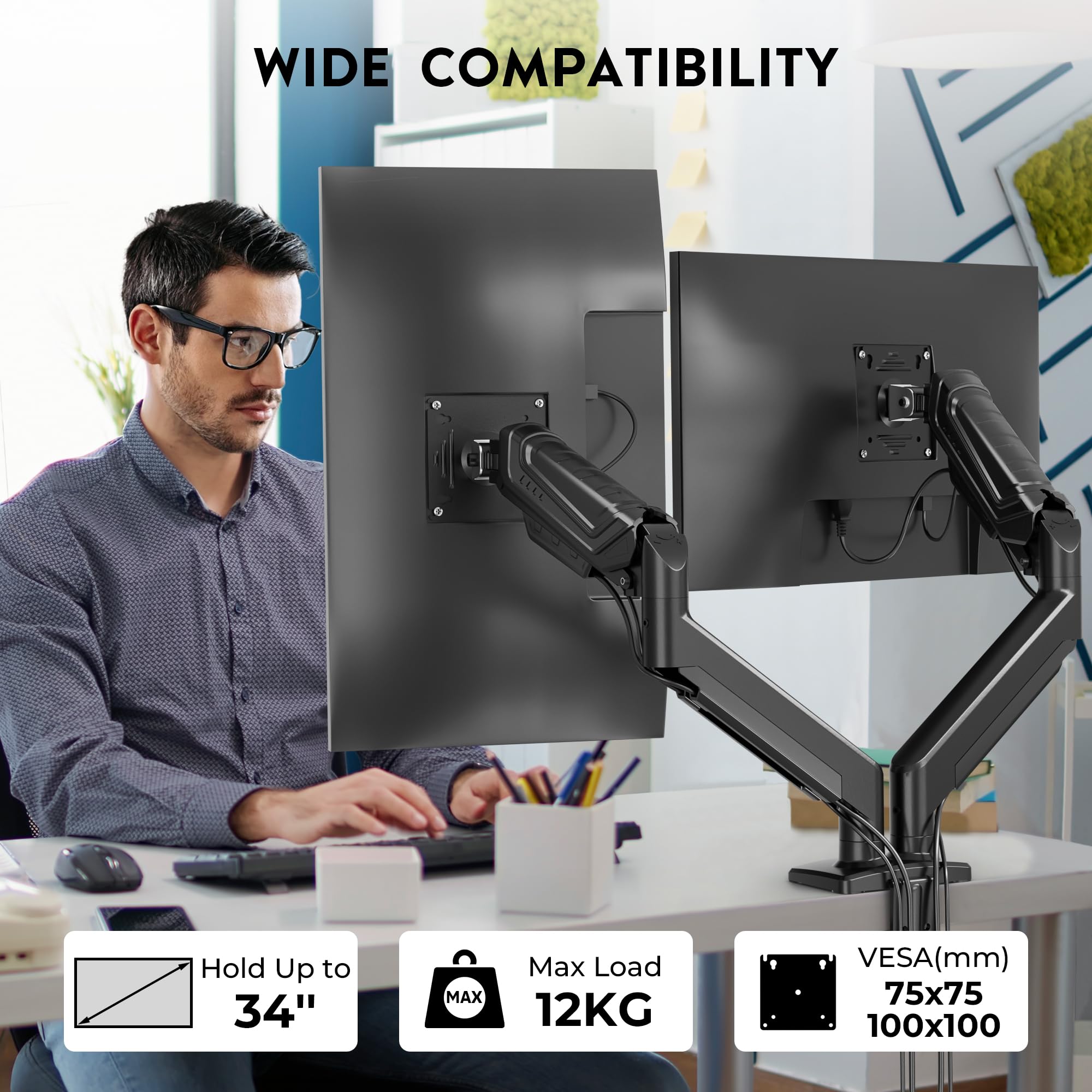BONTEC Monitor Halterung 2 Monitore für 14-34 Zoll Bildschirme, Gasfeder Monitorhalterung, VESA 75/100, Neigbar, Schwenkbar, 360° Drehbar, Ergonomisch, Kabelmanagement, für Homeoffice und Gaming