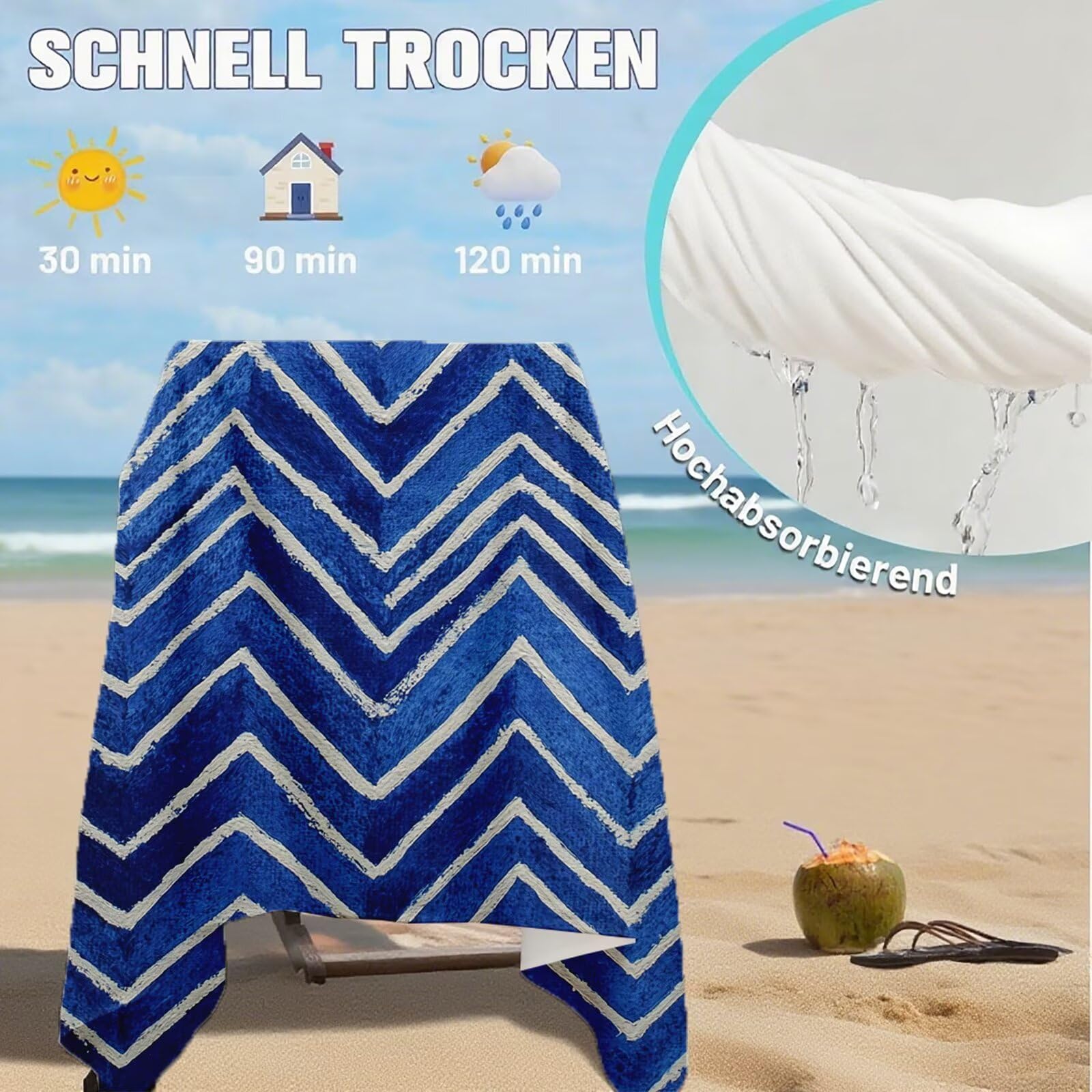 Serviette Plage Bande Motif, Serviette de Plage XXL 100x180 avec Sac, Serviettes de Bain Microfibre Séchage Rapide Anti-Sable Absorbante Fonction pour Bain, Sport, Voyages, Sauna, Piscine Q-938