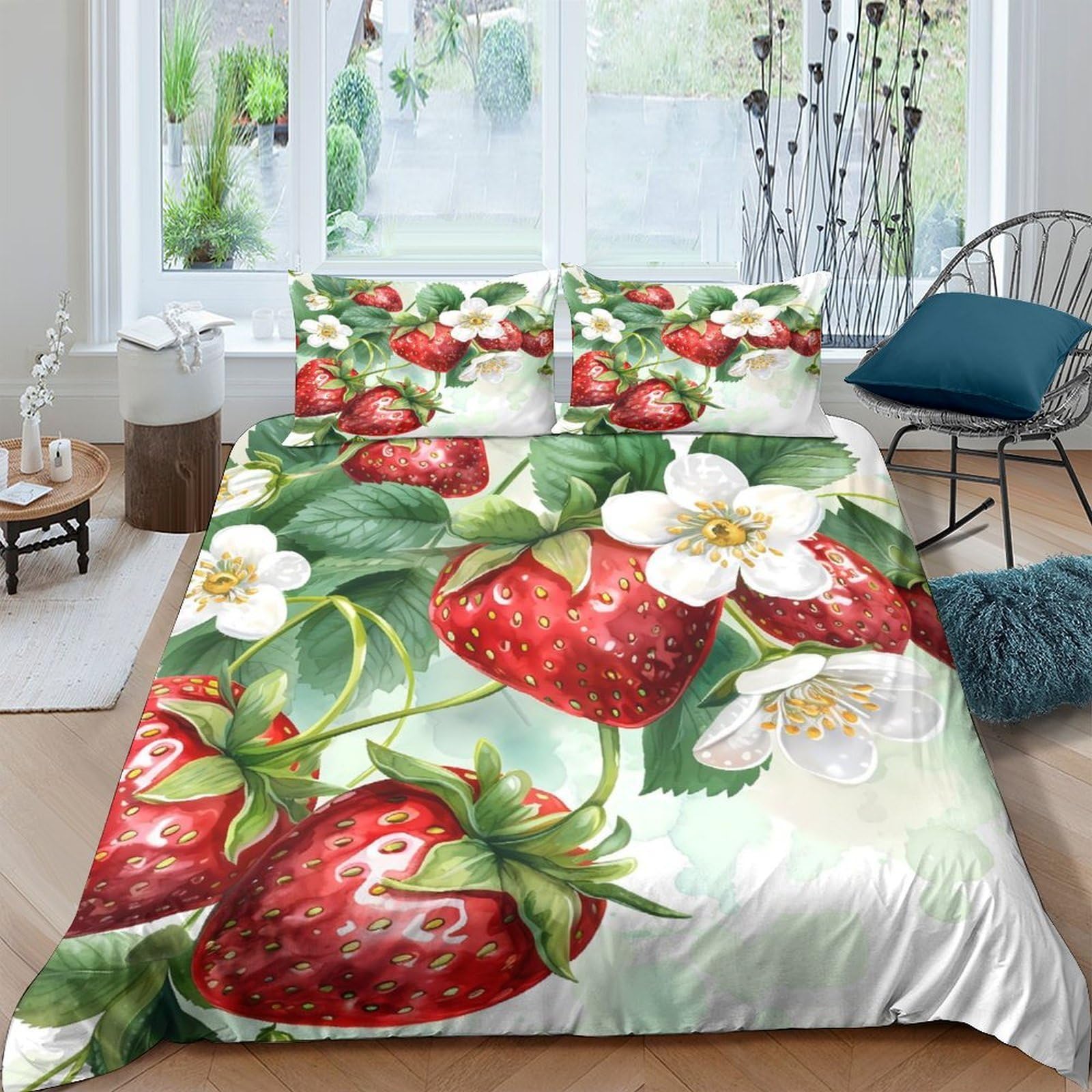 XFKLYNVCJ 3D Printed Strawberry illust Bedding Cover Premium Polyester Botanical garden Duvet Cover Soft Breathable Durable Hypoallergenic Wrinkle Free for Guest Room Use Super king（260x220cm）