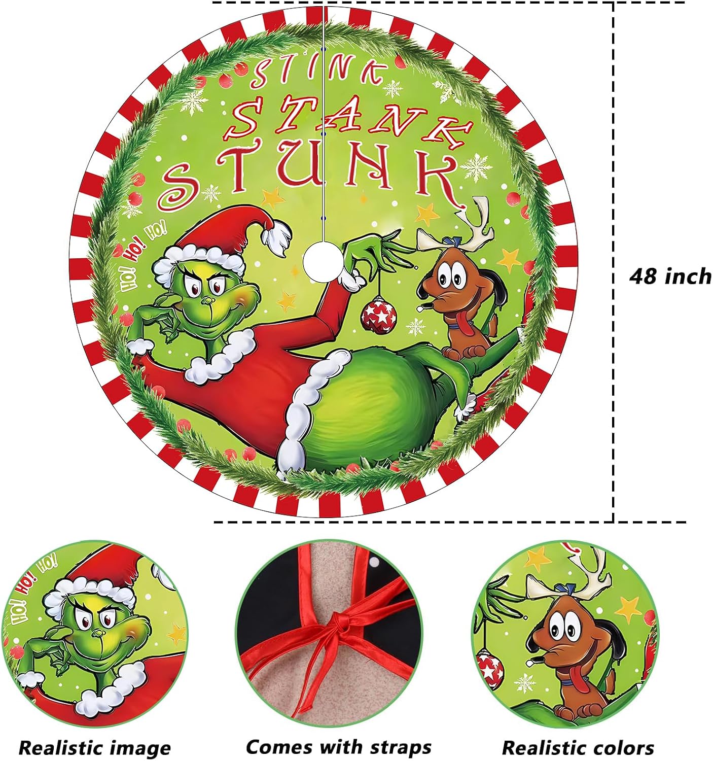 48 Inch Christmas Tree Skirt - Soft and Funny Farmhouse Christmas Tree Collar with Red & Green Trim Decor Xmas Holiday Decoration (Style A)