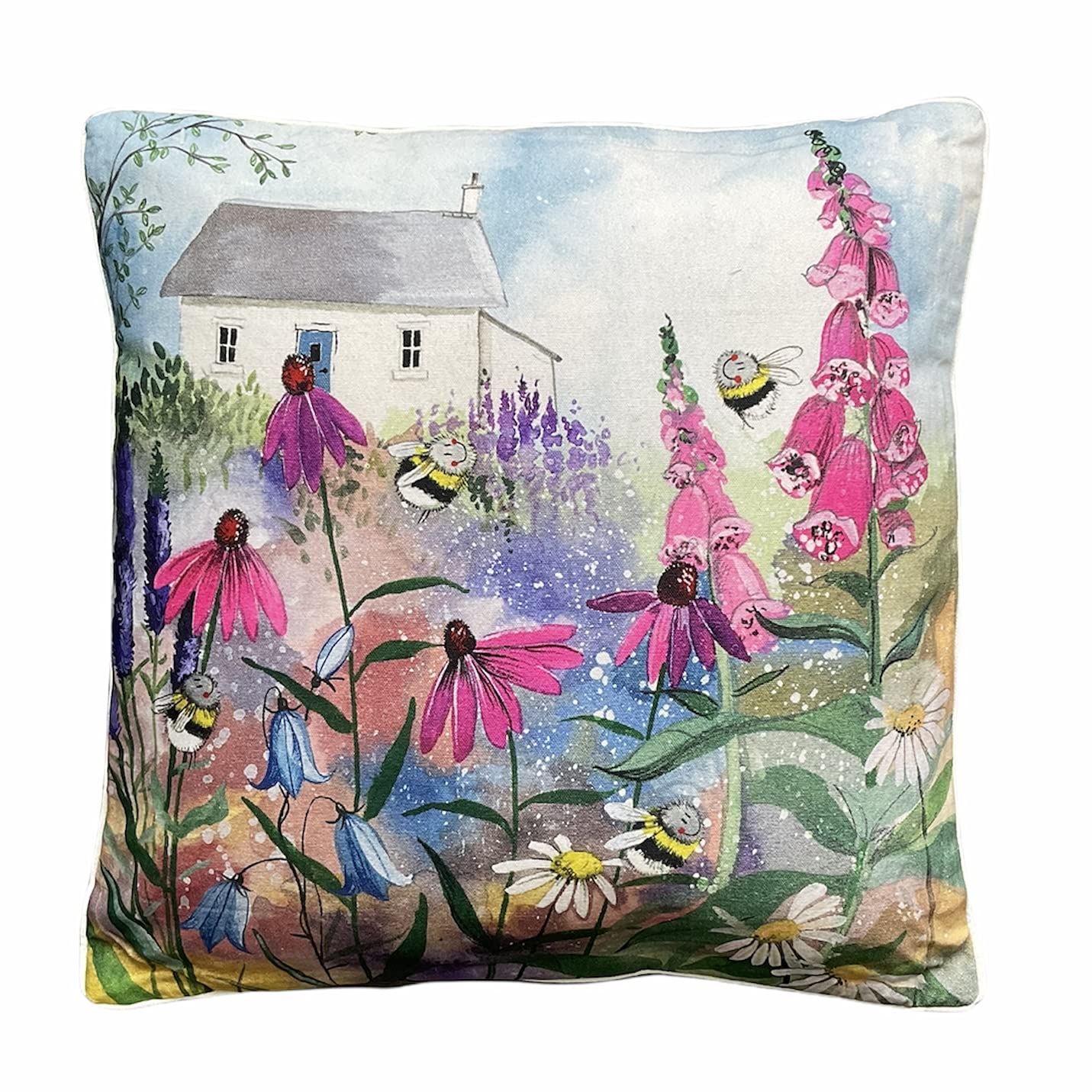 Alex Clark Art Ltd Alex Clark Bee Garden Cushion - Decorative Pillow -Birtish Cottage - Wild Flowers - Flower Garden -Wildlife Artwork - Designed In The Uk...