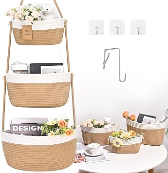Hanging Storage Baskets, Over The Door Basket, Detachable Hanging Door Basket with 4 Hooks, Over The Door Organizer Nursery for Bedroom, Living Room