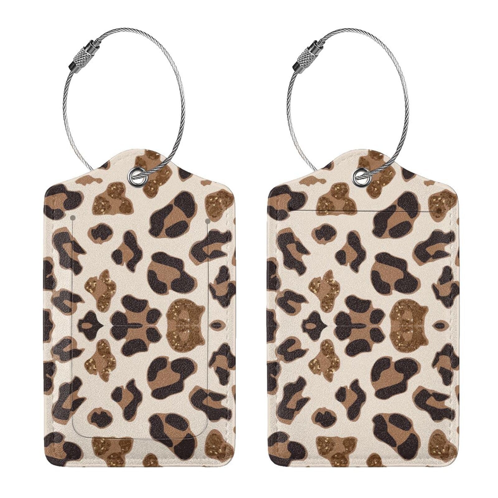 BLOCIT 2 Pack PU Leather Luggage Tags with Privacy Cover & Stainless Steel Loop, ID Labels for Suitcases & Travel Bags (White Leopard)