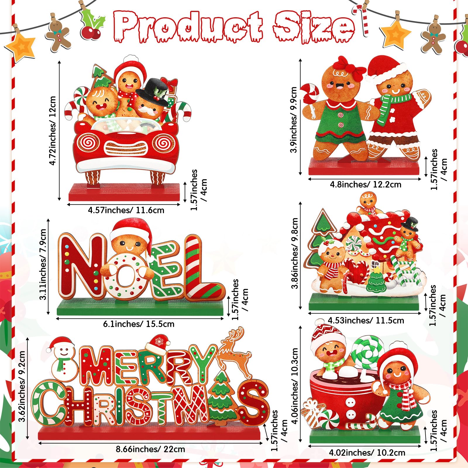 Blosssound 6 Pcs Christmas Wooden Table Decorations Gingerbread Man Table Signs Merry Christmas Noel Hot Cocoa Gingerbread House Candy Cane Centerpieces for Xmas Holiday Indoor Decor