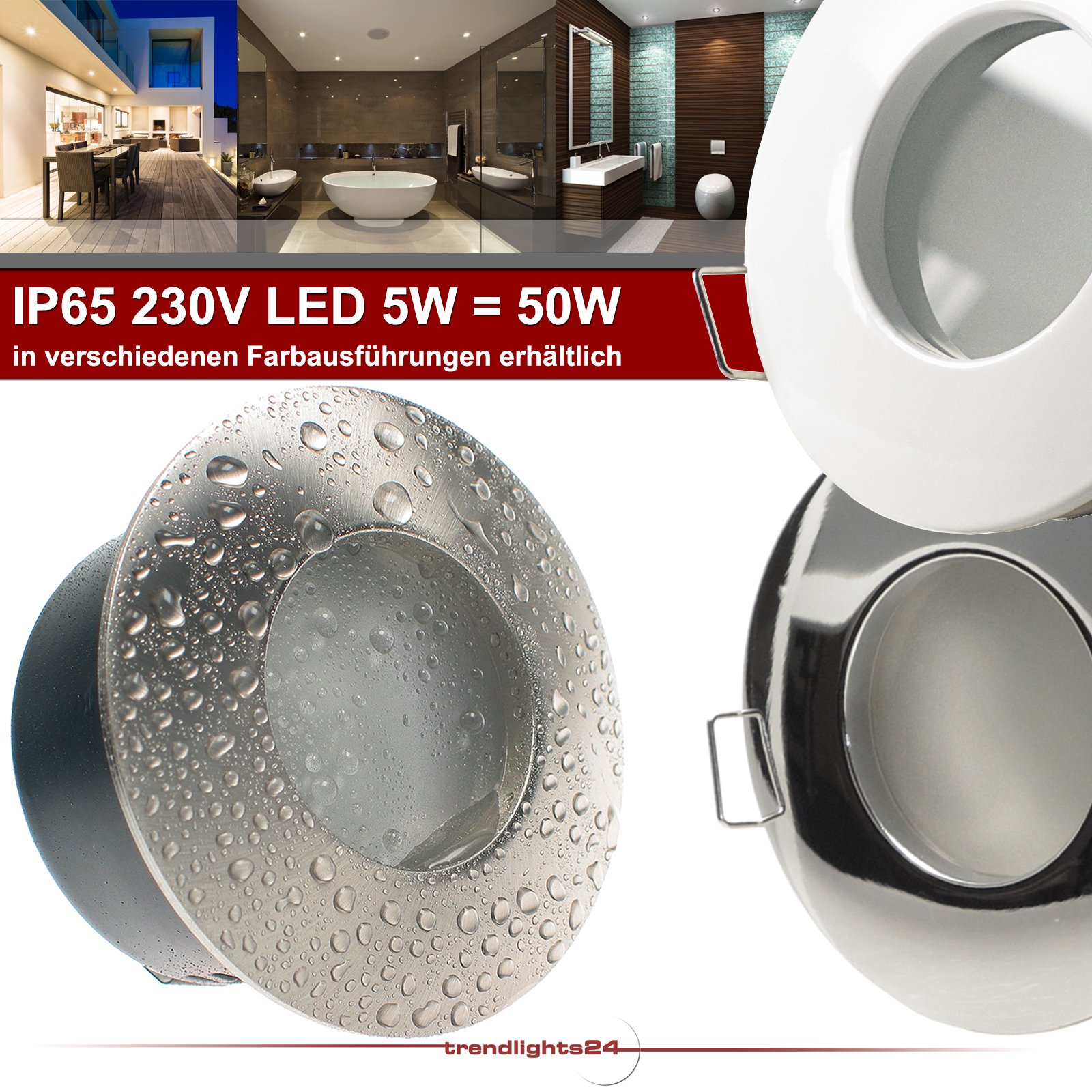 trendlights24 NAU LED Decken Einbaustrahler Bad IP65 230V 5,0W GU10 5er Set | Weiß, rund, Warmweiß, 3000k, Hochvolt, Spot, Leuchtmittel austauschbar, Einbauleuchte, Feuchtraum, innen, außen