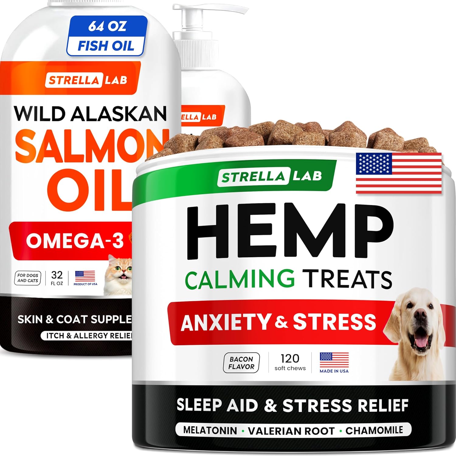 StrellaLab Salmon Oil 64 Oz (2-Pack) + Hemp Calming Chews Bundle – Omega 3 for Skin & Coat + Melatonin & Hemp for Anxiety, Stress & Sleep Support – EPA & DHA – Made in USA