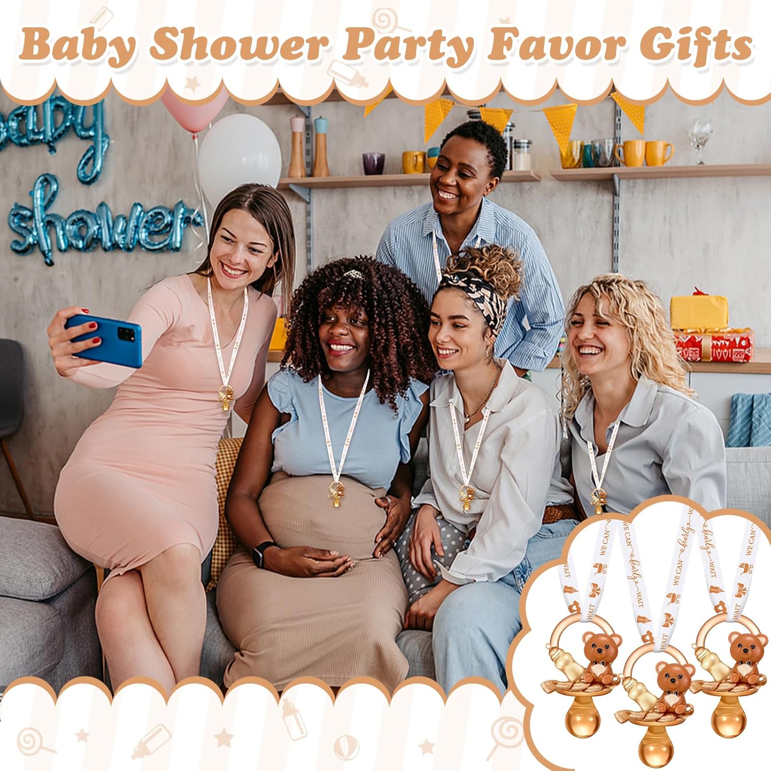 Coume 60 Pcs Shower Party Pacifiers Necklace Bear Bottle Acrylic Pacifiers Charm Pacifier Chain for Guests Gender Reveal Party Favors Prize Table Scatter (White,Brown,Elegant)