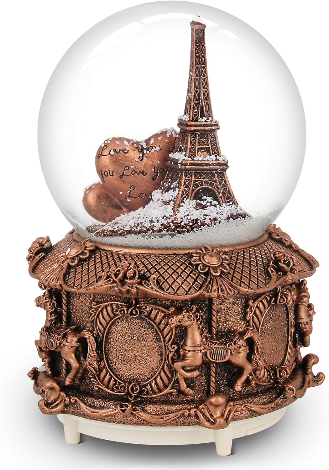 Paris Snow Musical Globe with Color Changing LED Lights, Eiffel Tower Snow Globe with Merry-go-Round Base, 100mm 6" Tall Souvenirs Collection