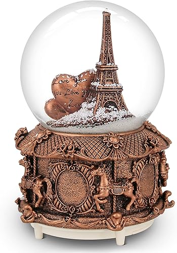 Globo musical de nieve de París con luces LED que cambian de color, globo de nieve de la torre Eiffel con base Merry-go-Round de 3.937 in, colección