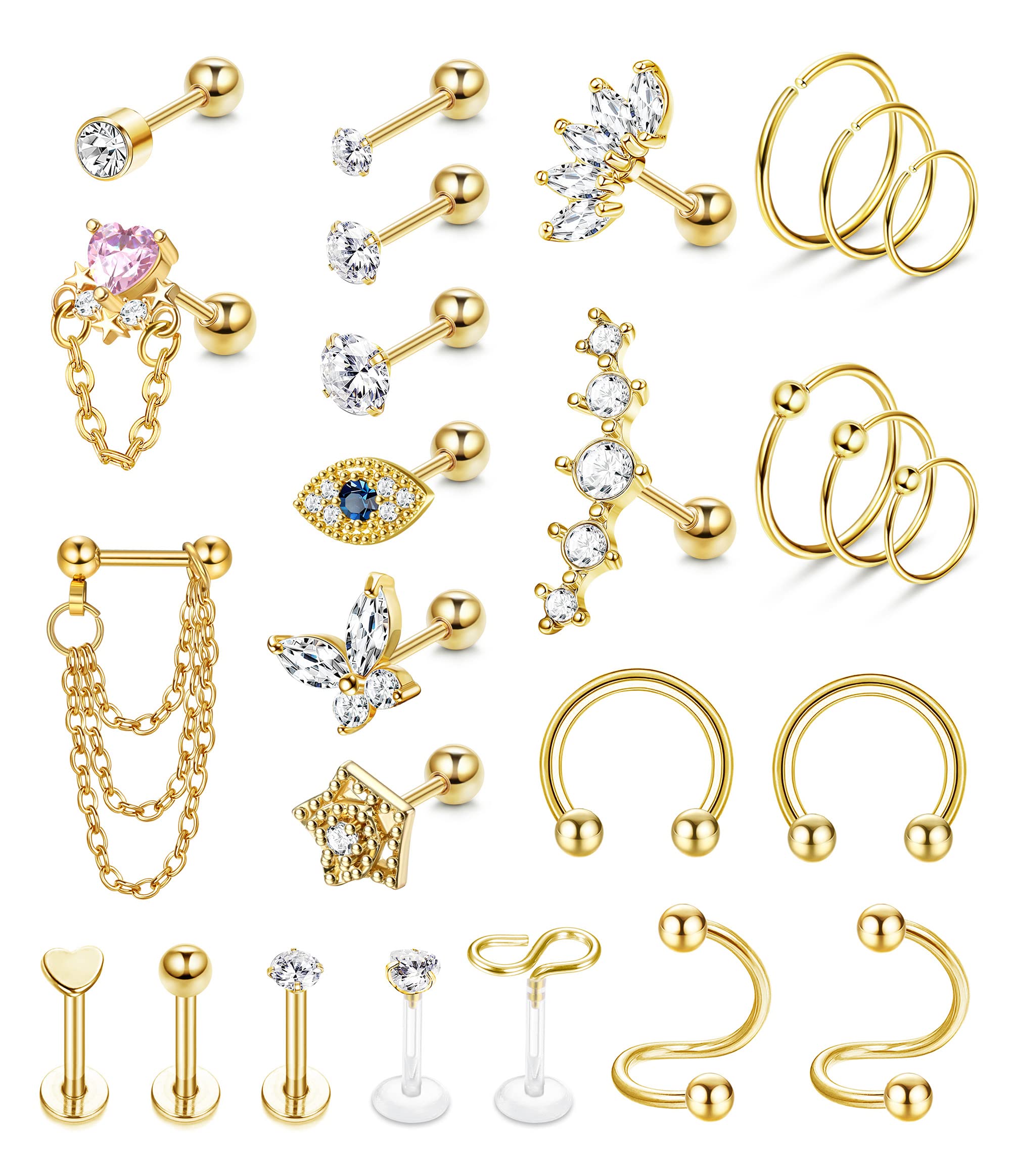 JeweBella 26 Piezas 16G Piercing Oreja Cartilago Acero Quirúrgico para Mujer Hombre Tragus Helix Piercing Pendientes Cartilago Piercing Labio Nariz Aro Conch Tragus Piercing Joyería