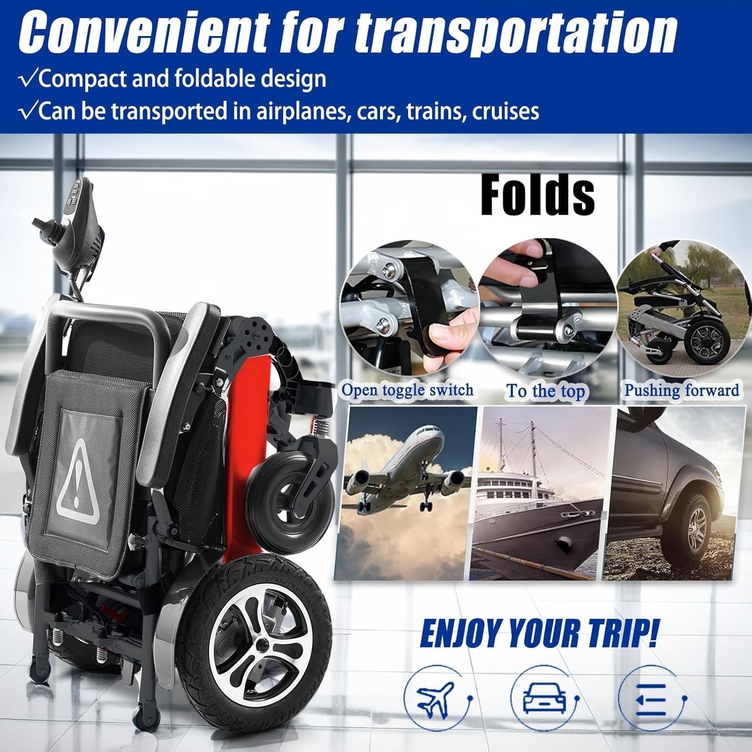 Sedia A Rotelle Elettrica Pieghevole, Sedia A Rotelle da Viaggio A Lunga Durata da 25 Km Sedie A Rotelle Elettriche Leggere per Adulti E Anziani, Supporto 150 kg,
