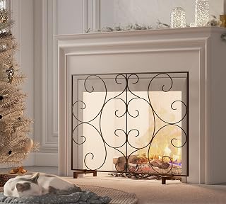 Kingson Single Panel Fireplace Screen Cover Handcrafted Solid Wrought Iron Mesh, Heat-Resistant Fire Spark Guard for Inside Fireplace-Black
