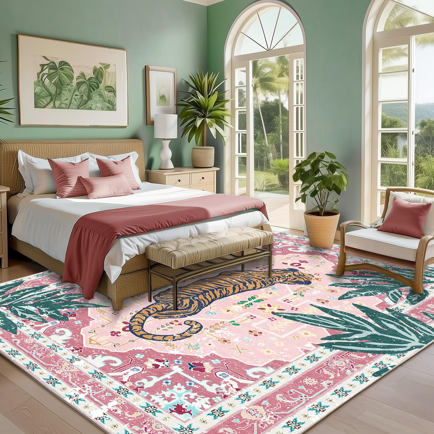 6x9 Washable Non-Slip Area Rug, Pink Boho Vintage Tiger Rug, Soft Cozy Faux Cashmere Tropical Jungle Rug for Dining Room, Living Room, Bedroom, Large Easy Clean Decorative Carpet