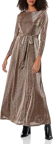 Anne Klein Vestido largo de malla estampada L/S para mujer, Dorado/Peltre, XS