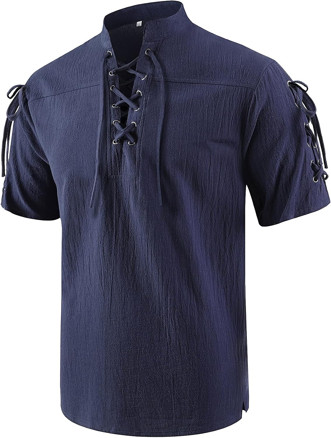 Men’s Renaissance Costume Beach Shirts Short Sleeve Lace-up Viking Pirate T-Shirts V Neck Hippie Yoga Tops
