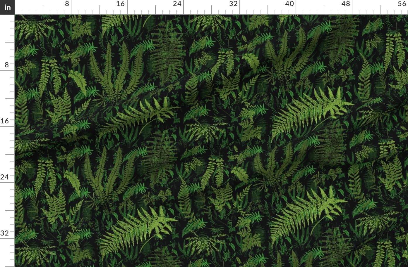 Spoonflower Fabric - Fern Botanical Deep Black Green Leaves Forest Plants Jungle Printed on Organic Cotton Sateen Fabric by The Yard - Sewing Quilting Apparel Home Decor