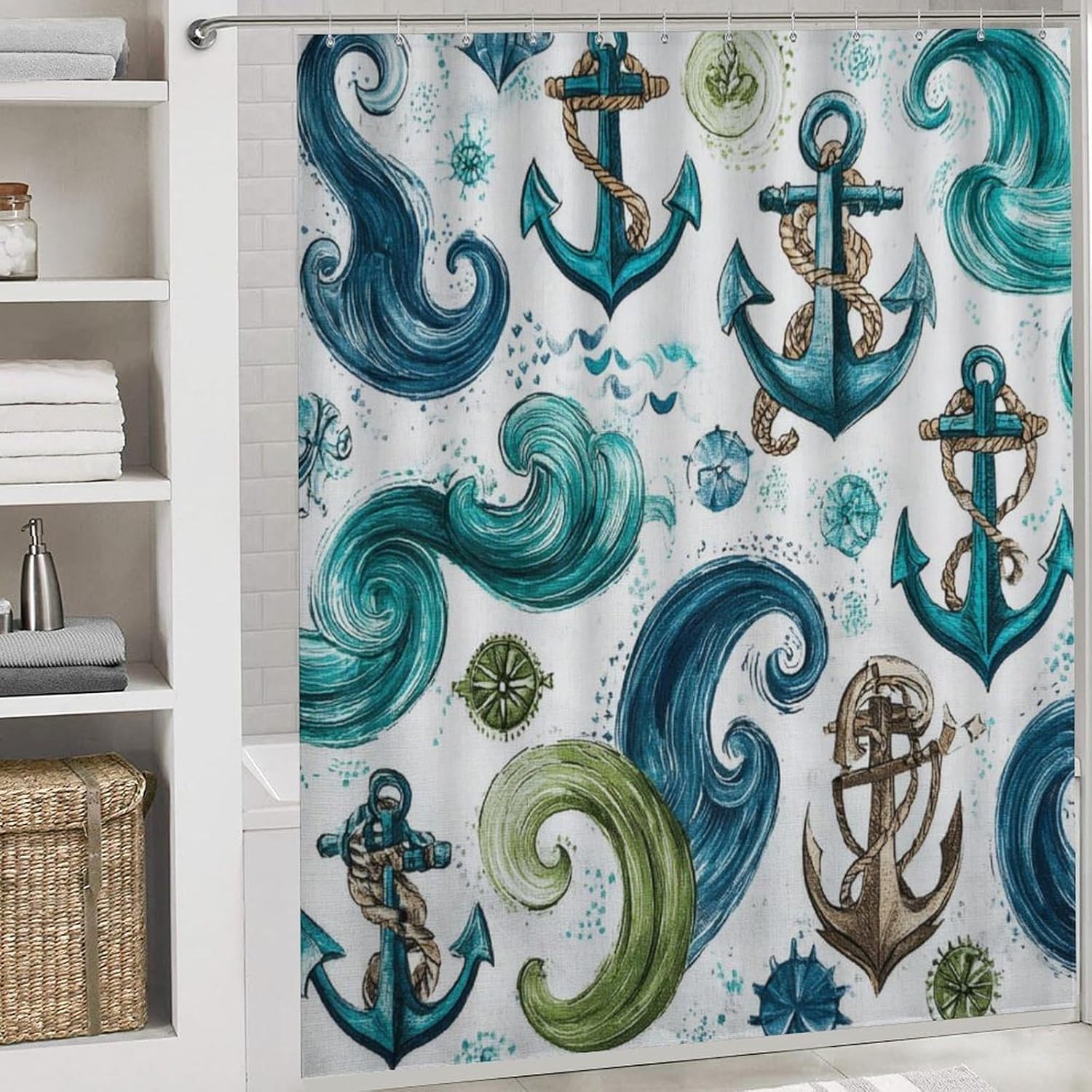 4PCS/Set Nautical Anchor Wave Compass Blue Shower Curtain 72W X 72L, Coastal Rope Printed Bathroom Decor, Shaped Mat Toilet Lid Cover and Non-Slip Rugs with 12 Hooks